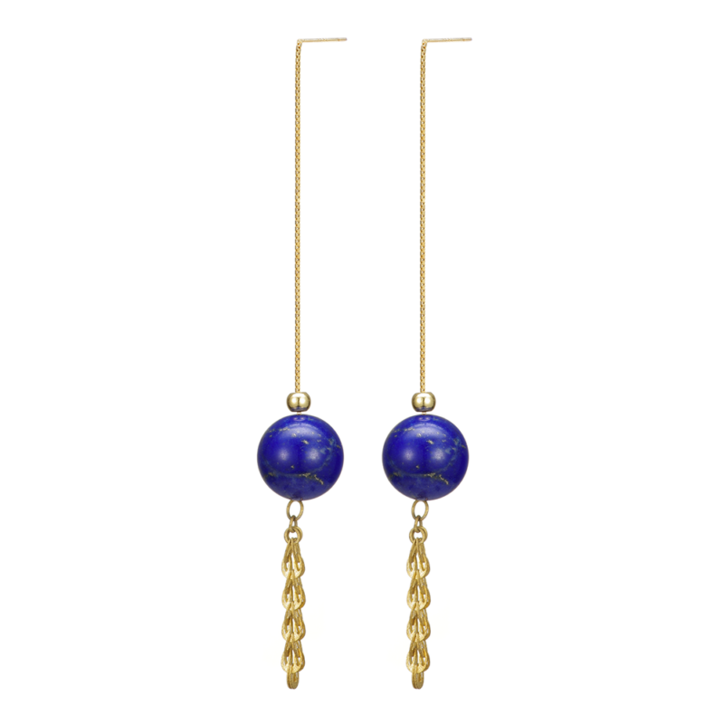 serene lapis lazuli & gold tassel long drop earrings | celestial elegance